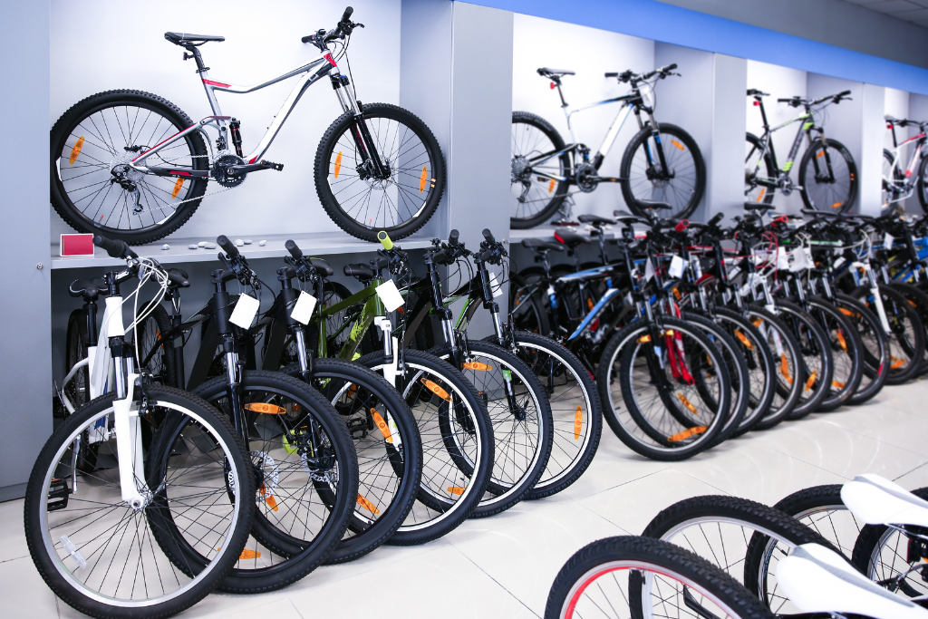 Bikes displayed in a bike and cycle retail shop