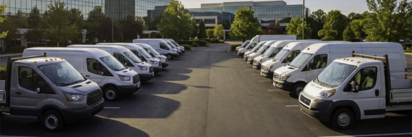 an image of 2 rows of white vans parked up